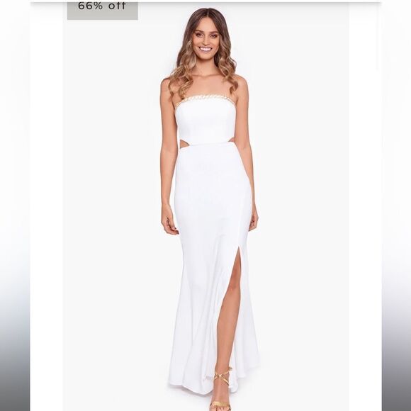 🎀Xscape Amabella lace up long strapless scuba crepe dress 16 - Picture 11 of 12